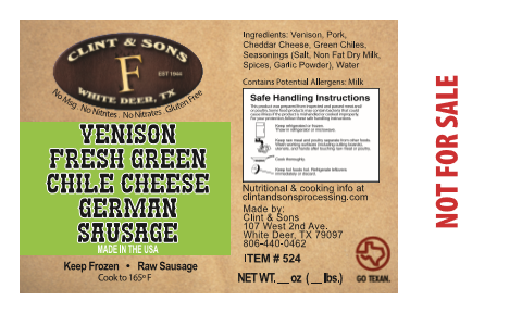 Venison Green Chile Cheese Fresh German Sausage